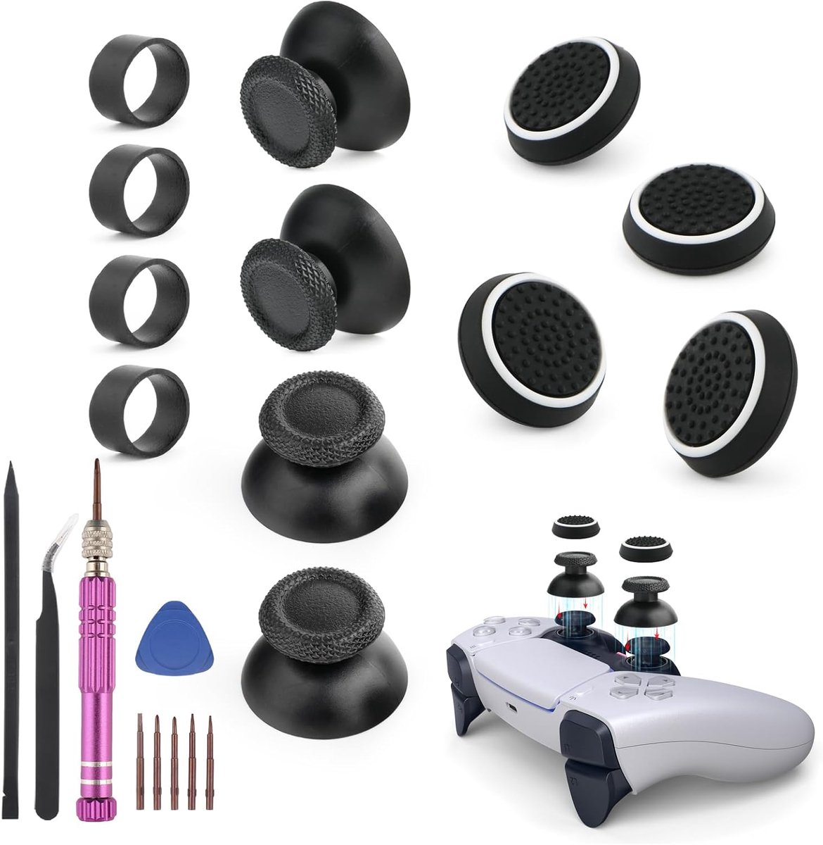 4Stucks voor PS5 Thumbsticks Vervanging voor PS5 Thumbsticks voor Playstation 5 Analoge Joystickdoppen met Beschermring en Reparatie Gereedschap xx