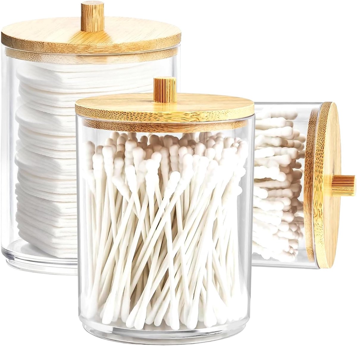 Wattenstaafjeshouder 3 Stuks - Acryl Opbergdozen met Bamboe Deksels - Badkamer Organizer - Houd je cosmetica netjes - SnelShoppen