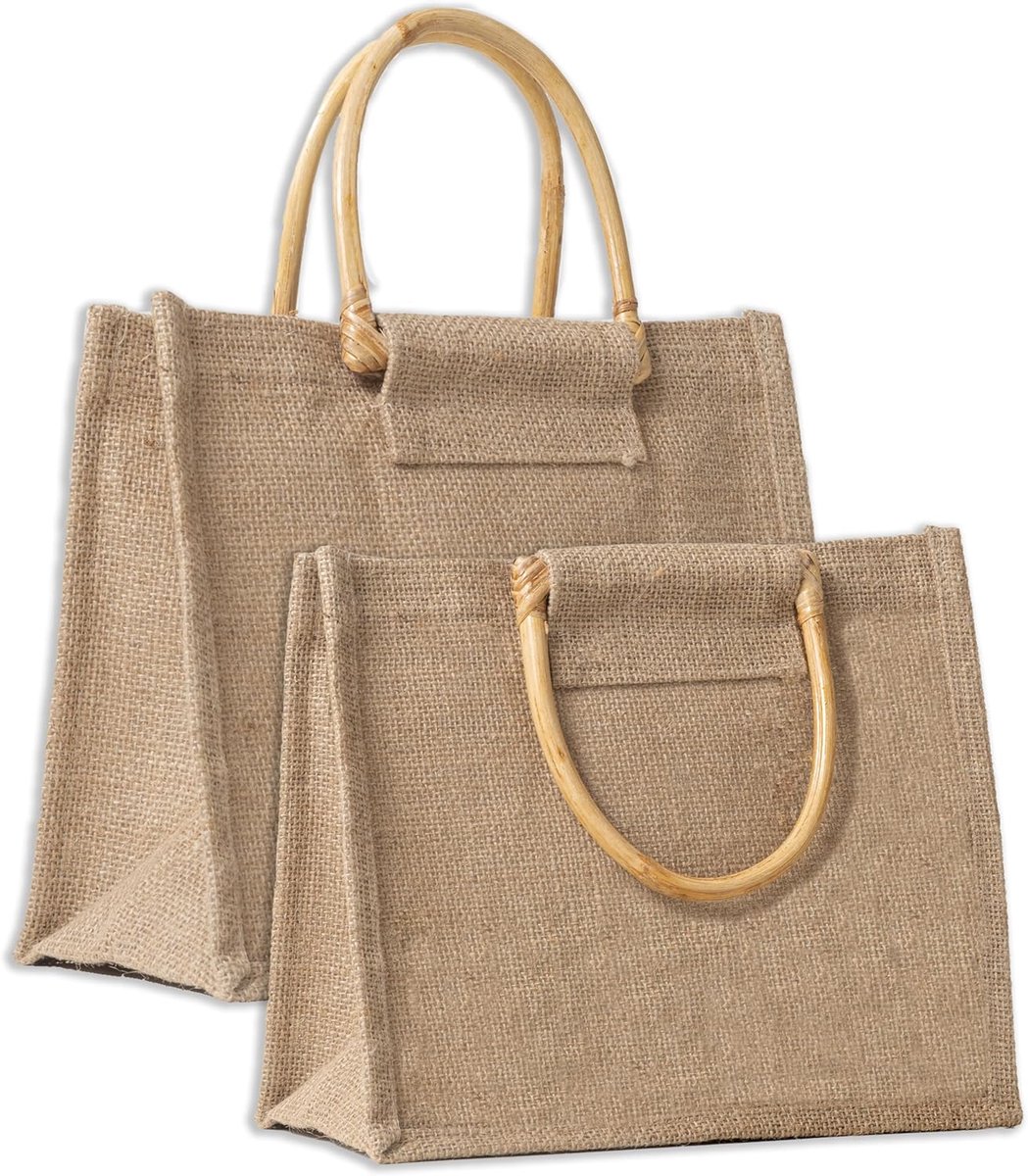 SnelShoppen - 2 x Natuurlijke Jute Tassen met Houten Handvatten, Eco-vriendelijk, Perfect voor Winkelen, Strand, Avond, Uitstapjes, Retro Design, Set