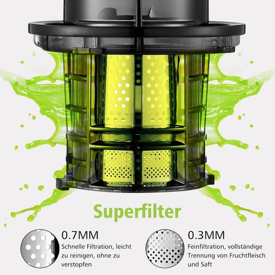 SnelShoppen - Slow Juicer voor Hele Fruit en Groenten BPA Vrij Elektrische Juicer met 80 mm Opening, Stille Motor, Testwinnaar met Terugloopfunctie in — afbeelding 2