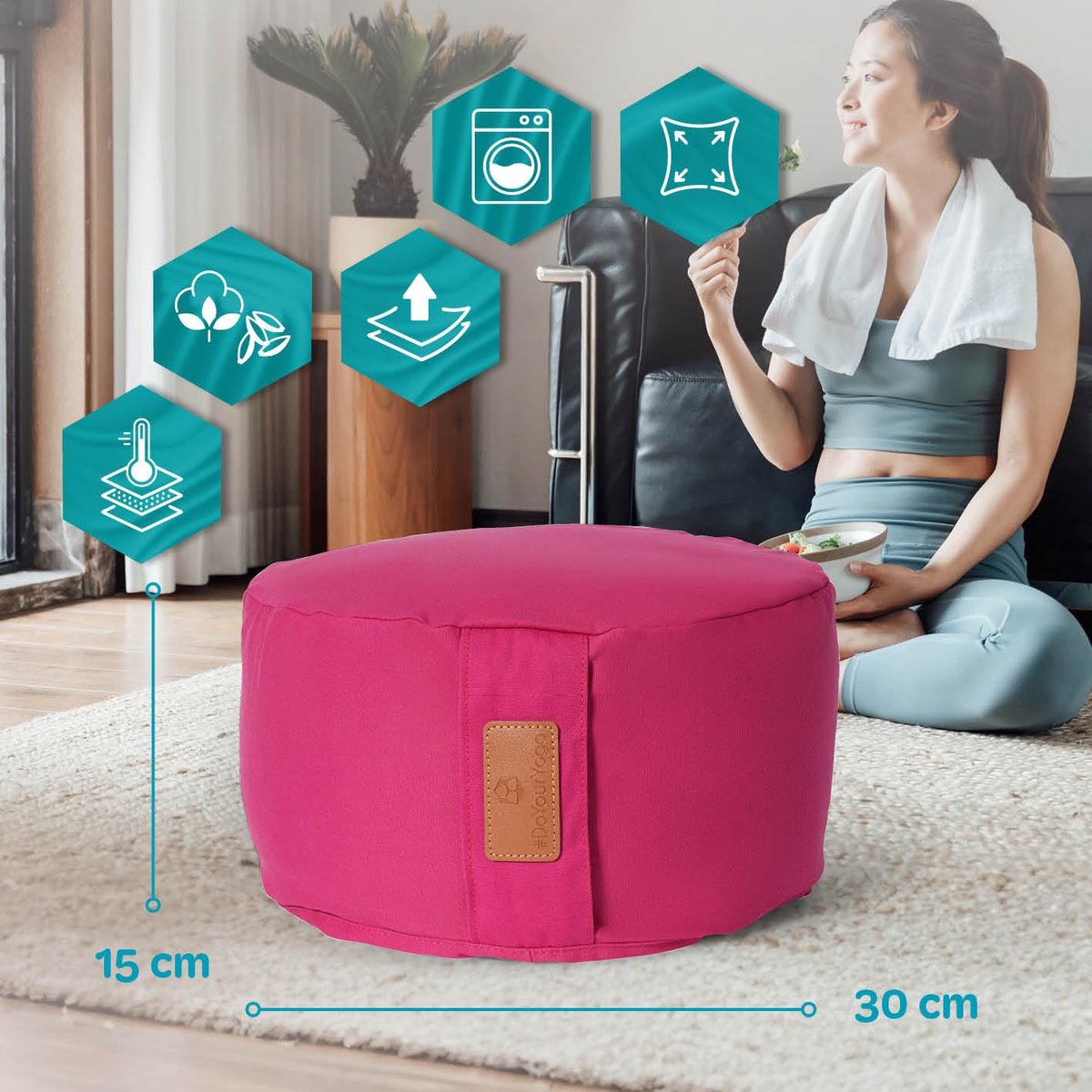 SnelShoppen - Yoga kussen rond - Meditatiekussen "Vishnu" met bio-organische Spelt vulling - Hoogte 15cm, Diameter 30cm - Roze voor Yoga, Meditatie en