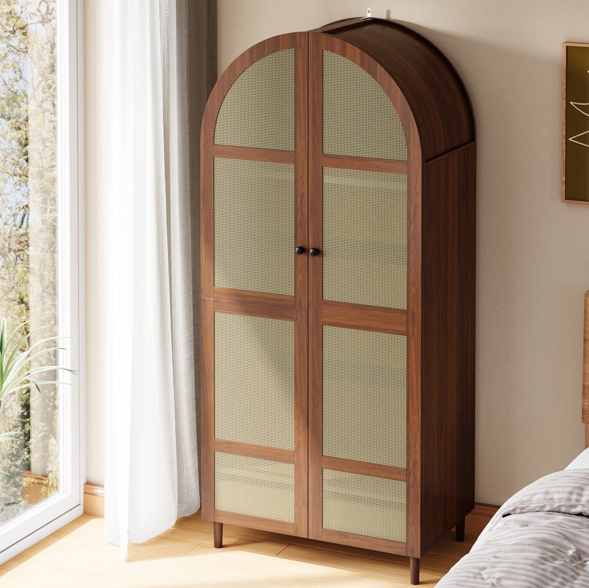 MIVRAY Kledingkast - Gebogen Deuren Met Rotan En Lade - Modern Voor Slaapkamer En Hal - MDF En Spaanplaat - Walnoot Walnut