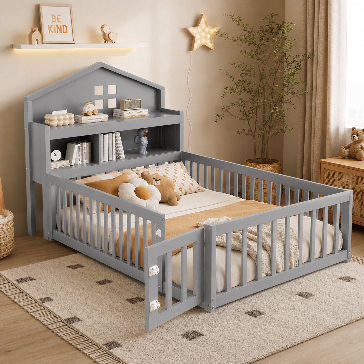 Kinderbed 90x200 cm - Eenpersoonsbed 90x200 cm - Vloerbed - Massief houten bedframe - Multifunctioneel bed - Met veiligheidsleuning - Met hoofdeinde - Met opbergruimte - Grijs