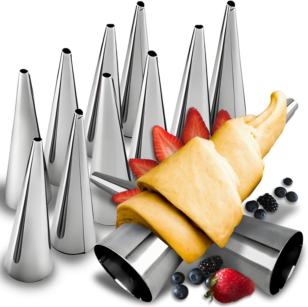 SnelShoppen - Set van 10 RVS Tube Haringen Conus Mallen Bakaccessoires Bakvormen voor Tubes met Room, Hoorn, Maat 9 cm, Geschikt voor Keuken, Zilverkl