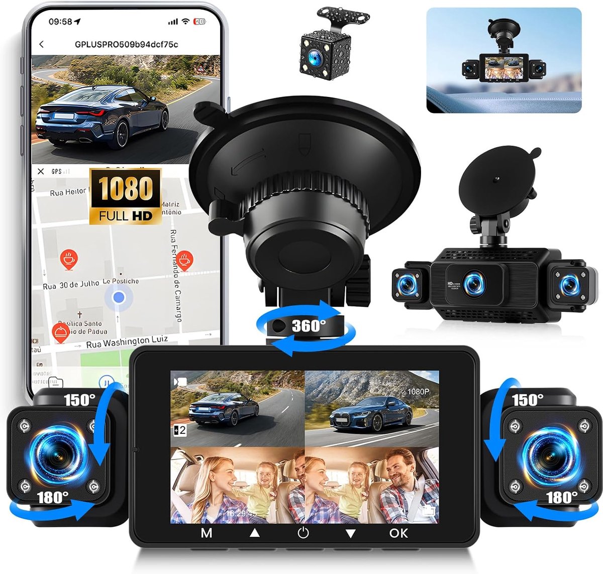 SnelShoppen - 4-kanaals spiegel dashcam 1080p resolutie met 3 inch scherm, G-sensor, bewegingsdetectie, nachtzicht met 8 IR-leds, loop-opname en wifi-