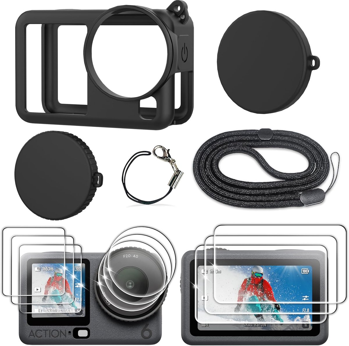 SnelShoppen - Rubber Silicone Case + Set van 3 Gehard Glas Beschermers Geschikt voor Osmo Action 6, Beschermhoes, Lensdoppen, Schermprotectors en Koor