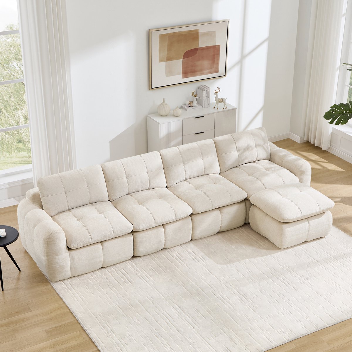 Moderne Hoekbank, L-Bank, 4-Zits bank, 4-Zits L-Vormige, Frameloze Modulaire Bank Met Ruitvormig Stikselpatroon, Chenille Bekleding, Brede En Diepe Zitplaatsen, Vrij Verplaatsbaar, Montagevrij,Beige