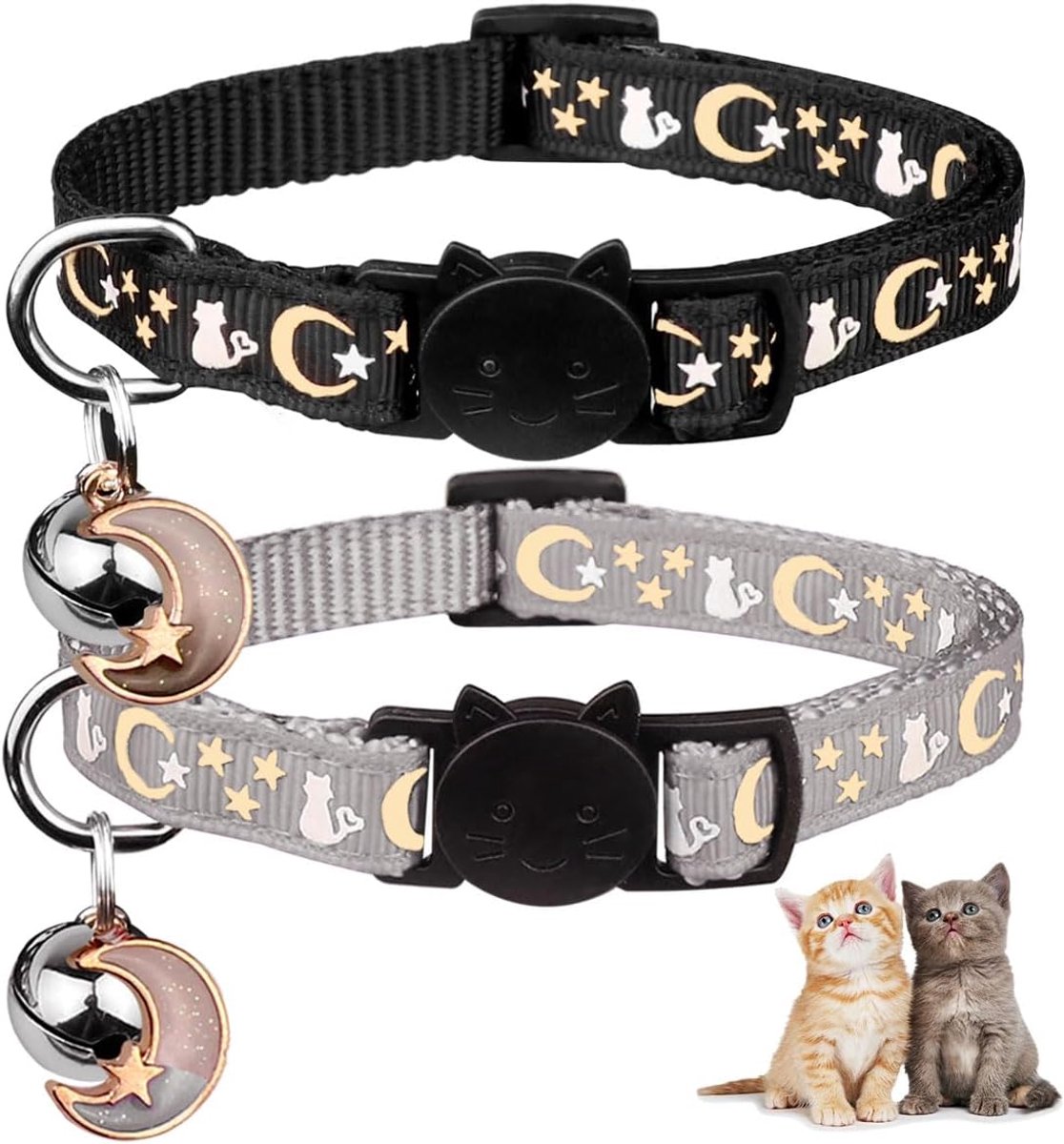 Kattenhalsbanden met Bel - Glow in The Dark - Verstelbaar Veilig - voor Katten - Grijs & Zwart -2 Stuks
