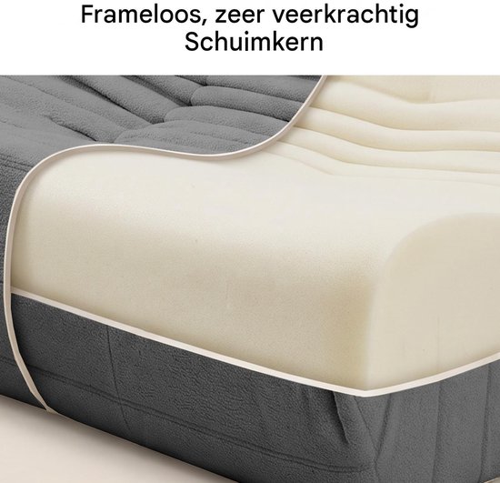 Frameloze, zeer veerkrachtige schuimkern met een gestructureerde, donkergrijze stof aan de zijkanten.