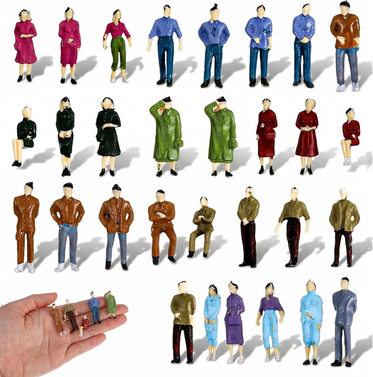 Miniatuur Figuren Set van 30 Stuks, 1:50 Schaal, Geschilderde Mensen voor Diorama's, Architectuurprojecten en Poppenhuis Accessoires