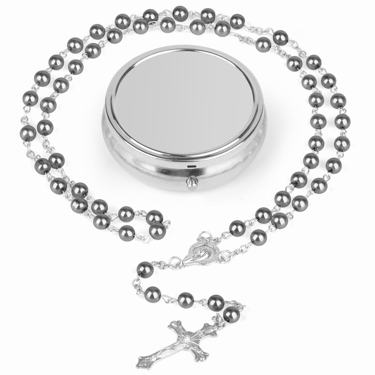katholiek, rozenkransketting met parels, zilveren eenvoudige stijl, metalen geschenkdoos, kruisketting als cadeau voor vrouwen en meisjes, voor thuis bidden, communie, doop