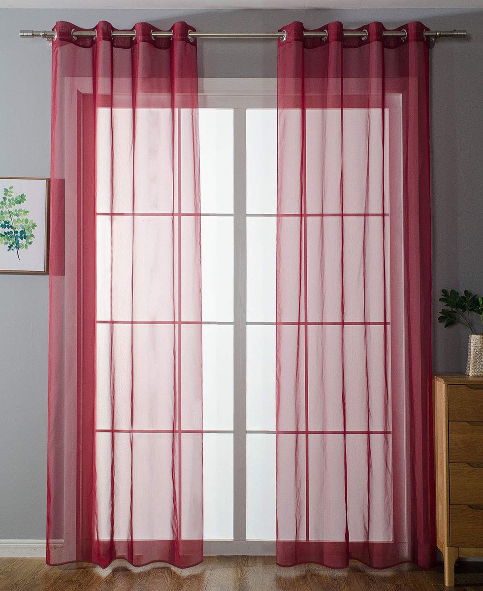 Set van 2 ingestanste ringen, transparant, voor woonkamer, voile, loodband, H x B 145 x 140 cm, bordeaux, 203322