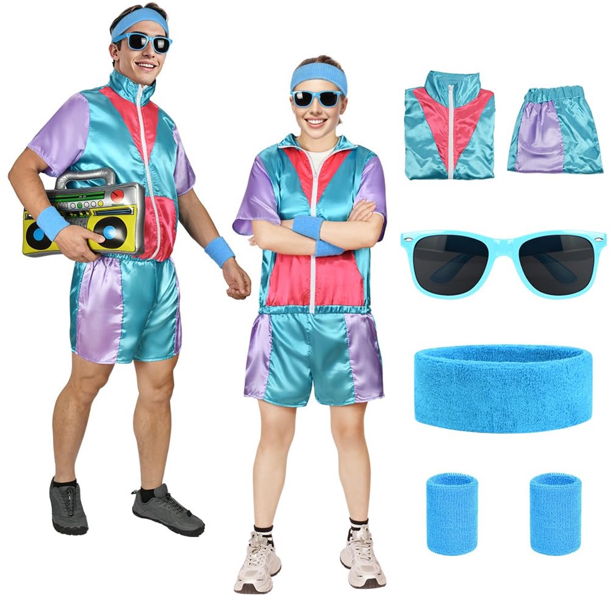 Aomig jaar 90 Hip Hop Outfit 80s Fashion Shell Suit Kostuum, 80s Disco Fancy Jurk, Retro Trainingspak voor Disco Met Hoofdband Polsbandjes