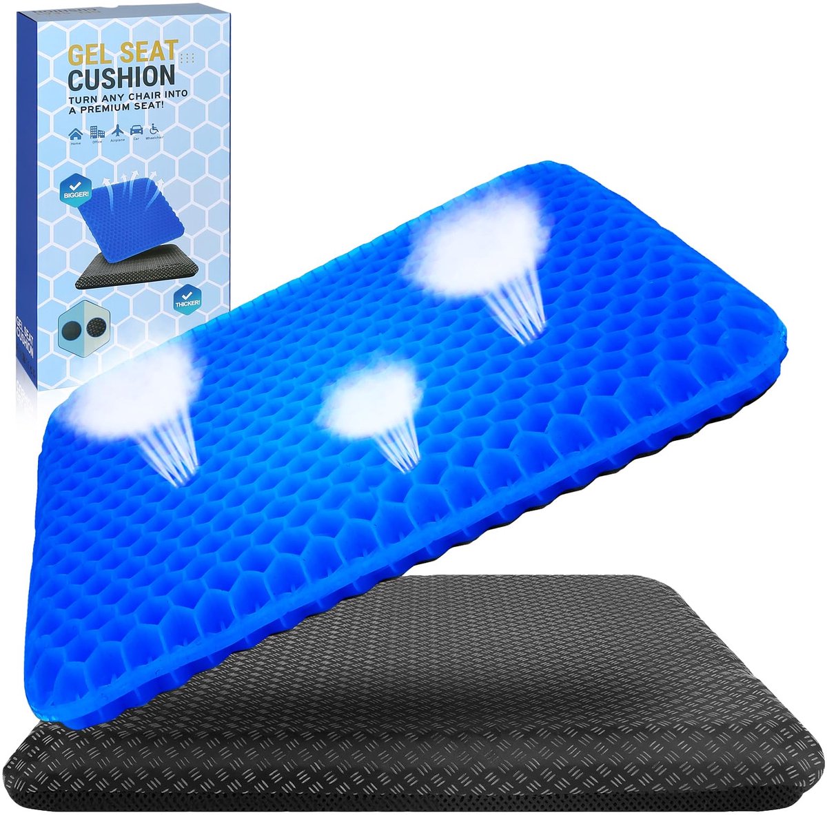 gelzitkussen voor bureaustoel, gelzitkussen, orthopedisch, hoog ademend vermogen, antislip, wasbaar, comfortabel en duurzaam (blauw, 47 x 44 x 4)