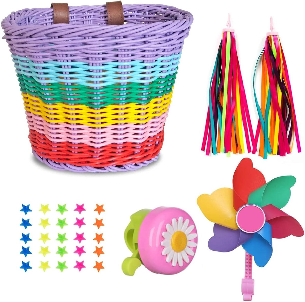 Fietsmand Kinderen - Fietsdecoratie Set - Fietsen Versieren - Compleet Accessoires Pakket - 21 x 16 x 16 cm - Regenboog