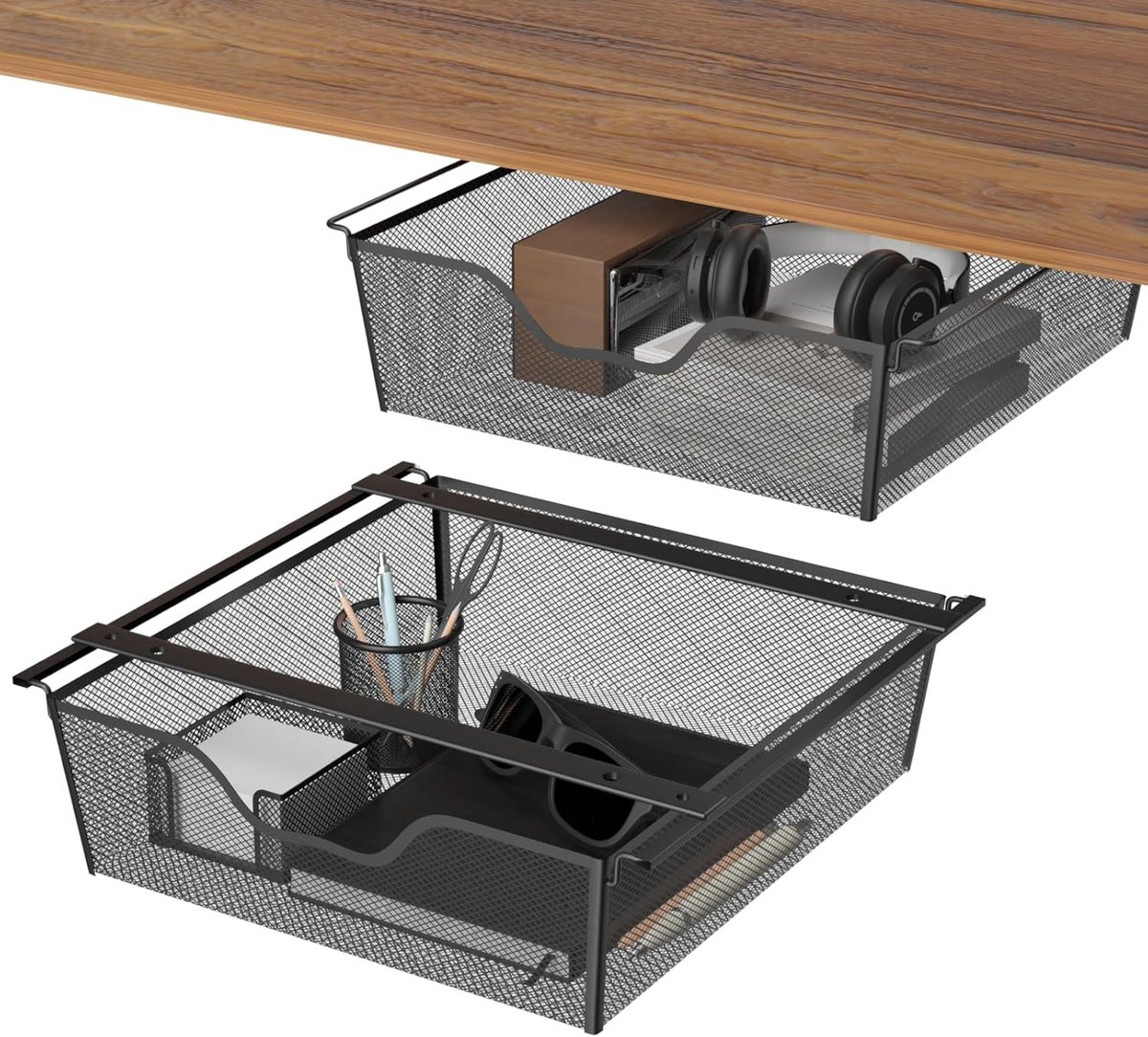 Onder bureaulade 2 stuks, metalen verborgen bureauorganizer, onderbouwbare opberglade, ruimtebesparende verborgen organizer, onder tafel/plank lade uitschuiven voor thuis, kantoor, ijdelheid