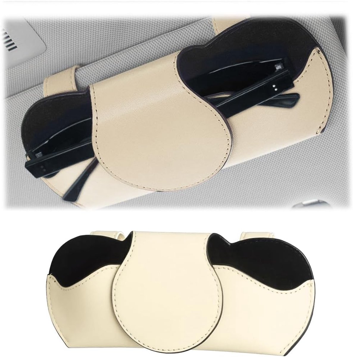 Brilhouder voor autoleer, autozonneklep opbergtas PU-leer, zonnekleppen auto-organizer, multifunctionele brillenkoker, voor alle voertuigen (Beige)