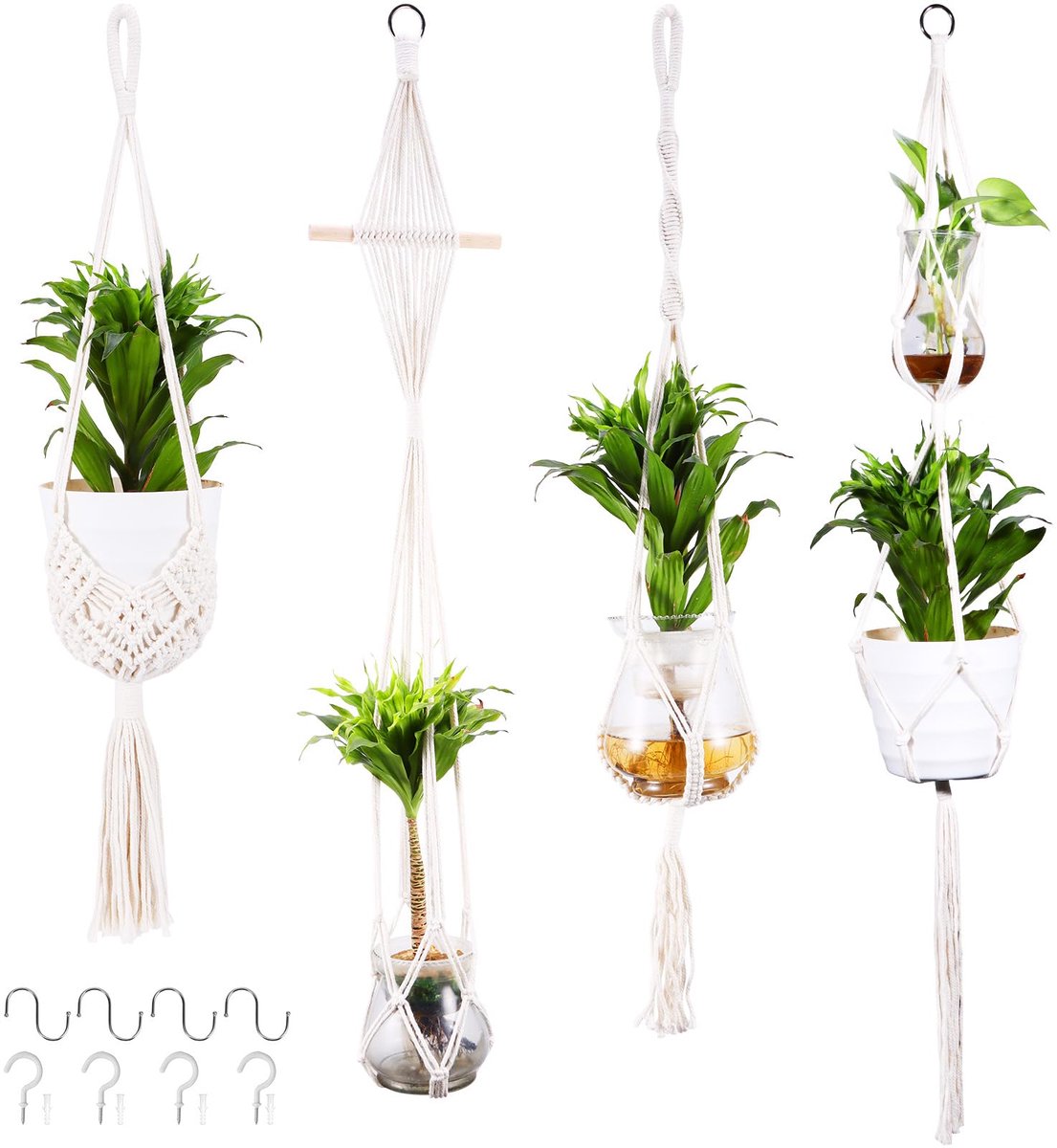 4 stuks handgevlochten bloemenhangers, boho, decoratief katoenen touw, hanglampen, bloempot van katoenen touw met haken, hangmand voor binnen en buiten, tuin, balkon, raam, woonkamer, 3 maten