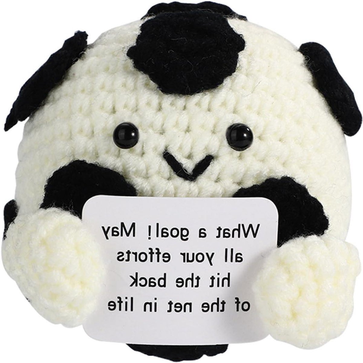 Gebreide Voetbalpop - Haakpop Decoratie - Bureau Opvrolijken - Met Inspiratiekaart - 7x7 cm - Wit Zwart