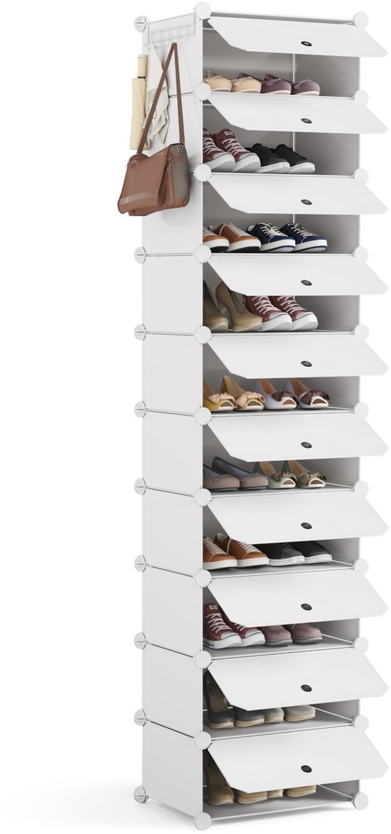 Schoenenopbergkast, modulair schoenenrek, kubusvormige kunststof schoenorganizer met deur, stofdicht en waterdicht, voor entree, hal, slaapkamer, woonkamer, winkels 20 paar schoenen, wit