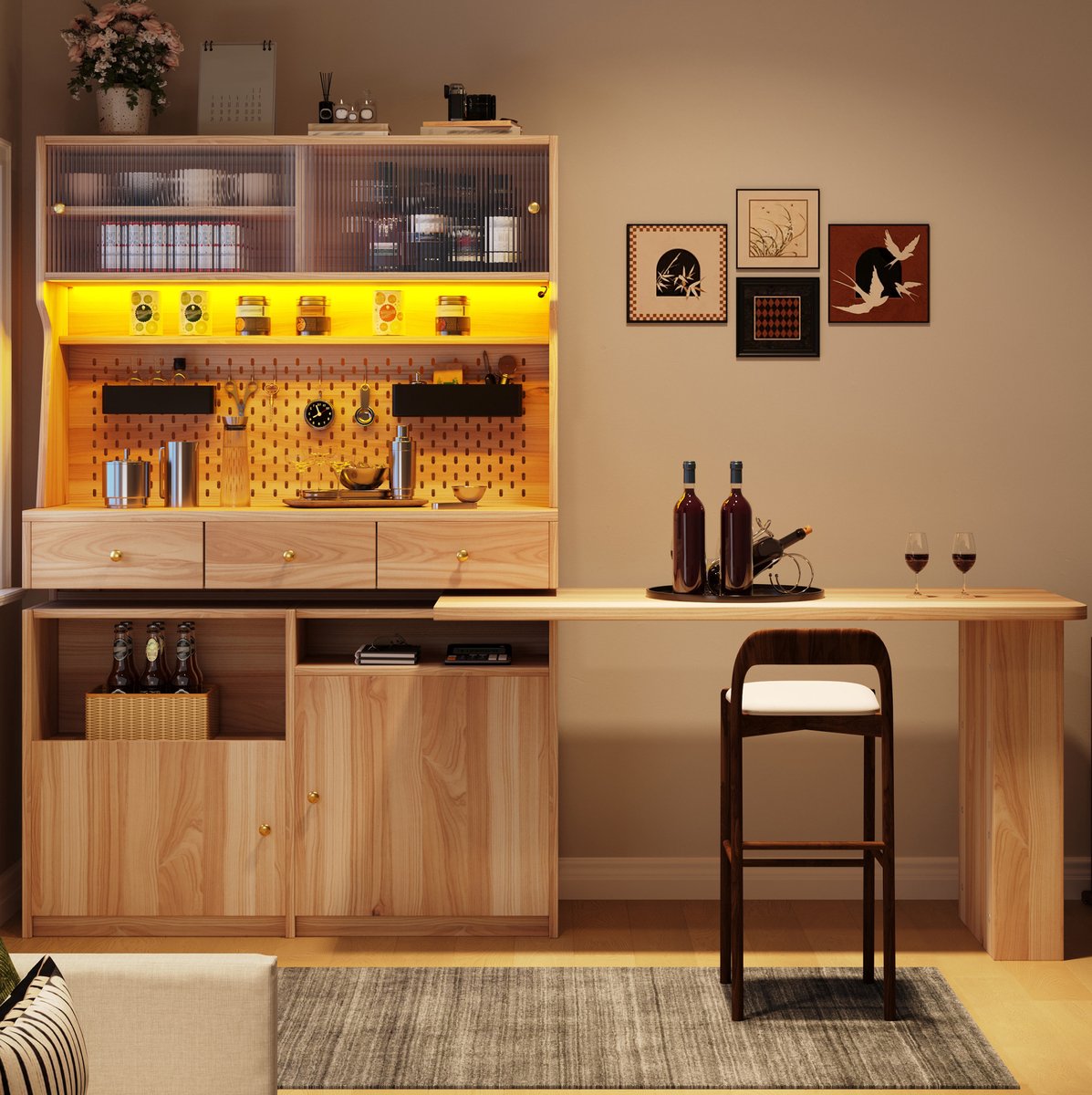 MIVRAY Buffetkast - Multifunctionele Kast Met Bureau En Ledverlichting - Voor Woonkamer En Werkplek - MDF En Glas - 137x74x177,7 Cm - Naturel