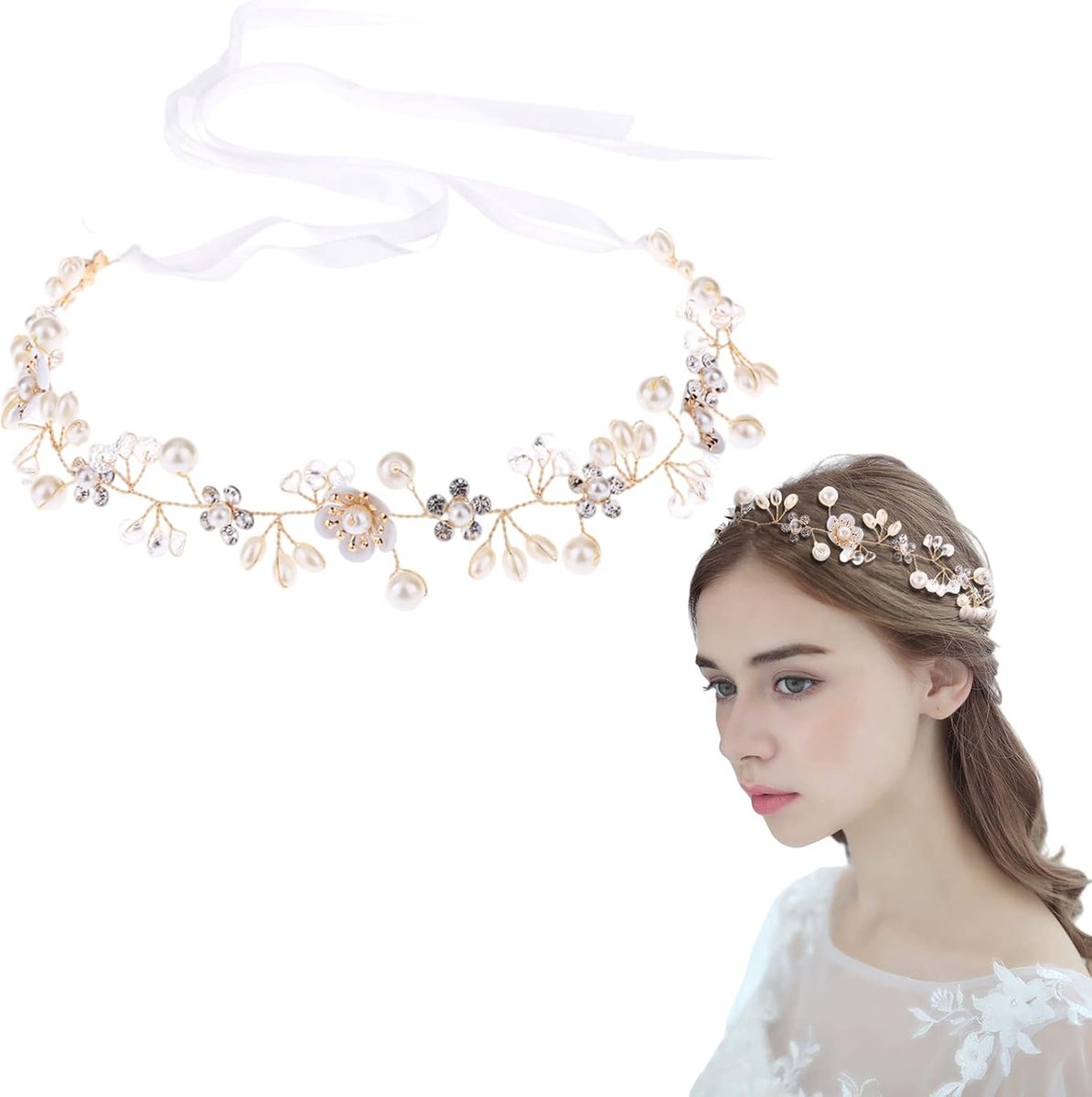 2 stuks haarsieraden voor communie meisjes, bruid haarsieraden diadeem, witte parel haarband hoofdtooi, ideaal voor bruidsmeisjes en bloemenmeisjes (wit+gouddraad)