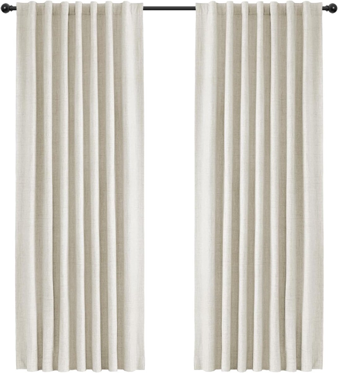 100% Verduisterende Gordijnen 2 Stuks, Linnenlook Gordijnen Thermische Gordijnen Koudewerende Ondoorzichtige Gordijnen, Beige Gordijnen voor Woonkamer Slaapkamer, H 200 x B 140 cm