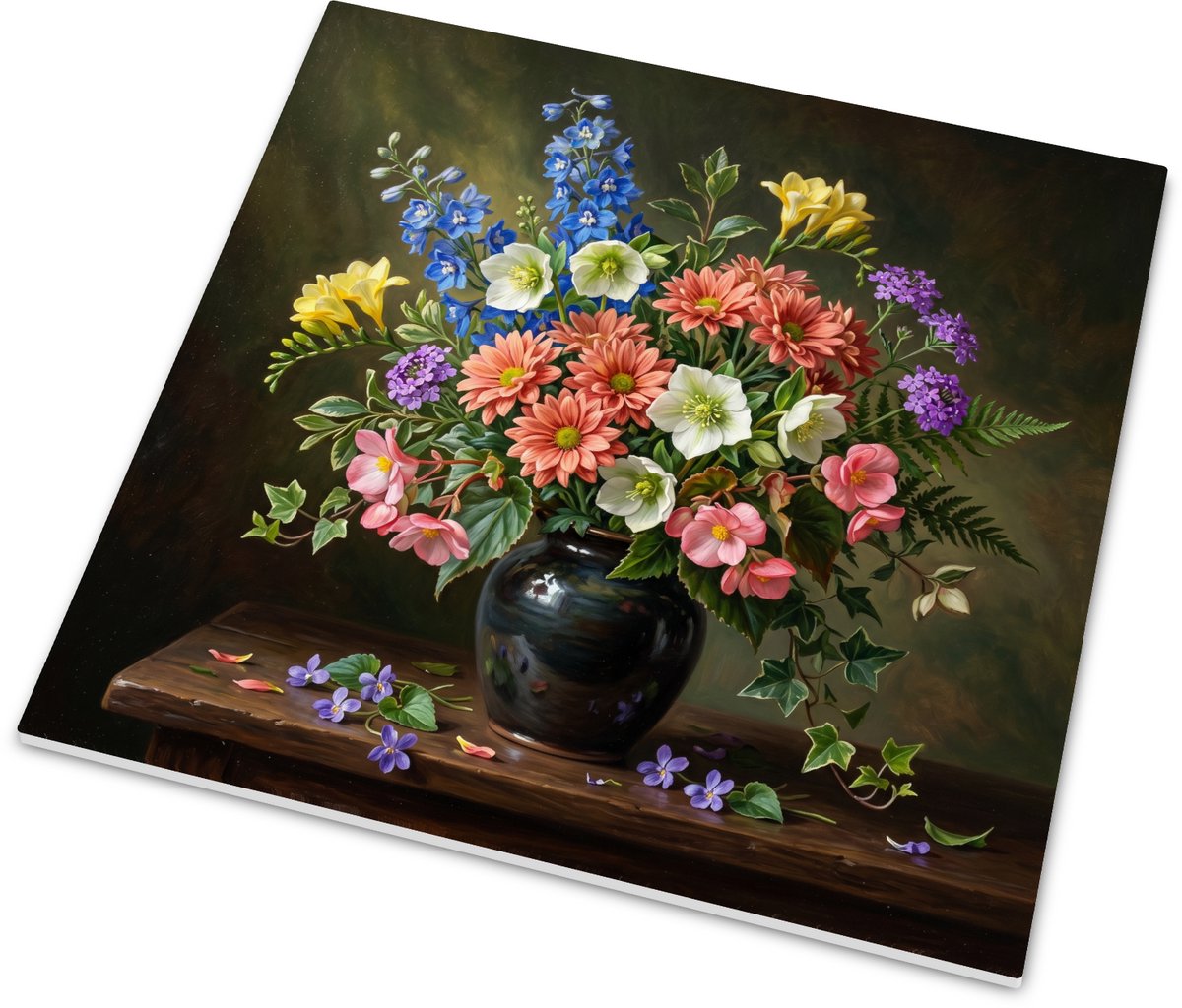 Glanzend tegeltje met stralend bloemen stilleven, zalmroze chrysanten, witte helleborus en