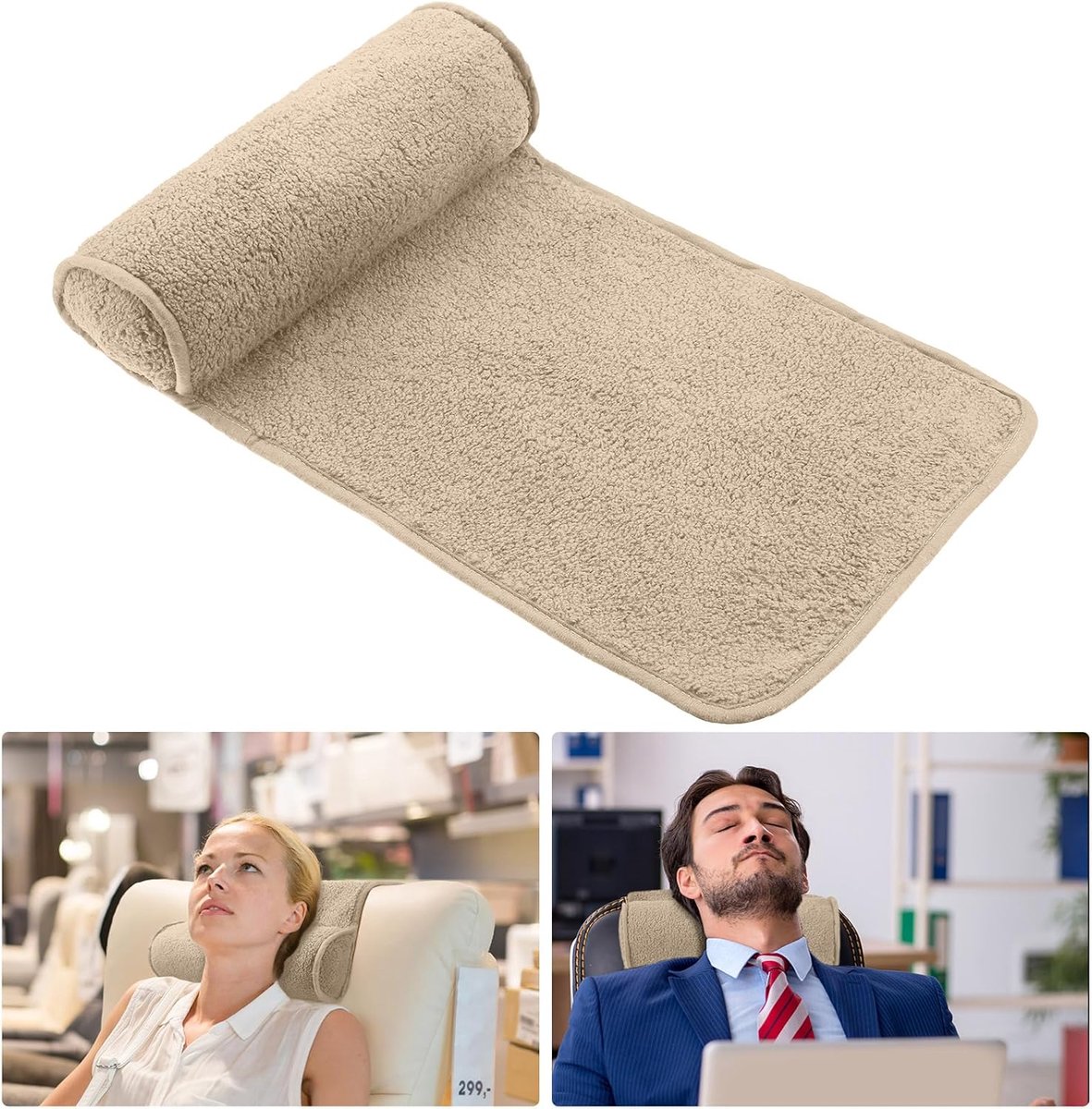 Nekhoofdkussen voor fauteuil, antislip fleece verstelbare nekrolondersteuning hoofdsteun kussen voor reizen thuiskantoor, fauteuil, bank, fauteuil (licht camel)