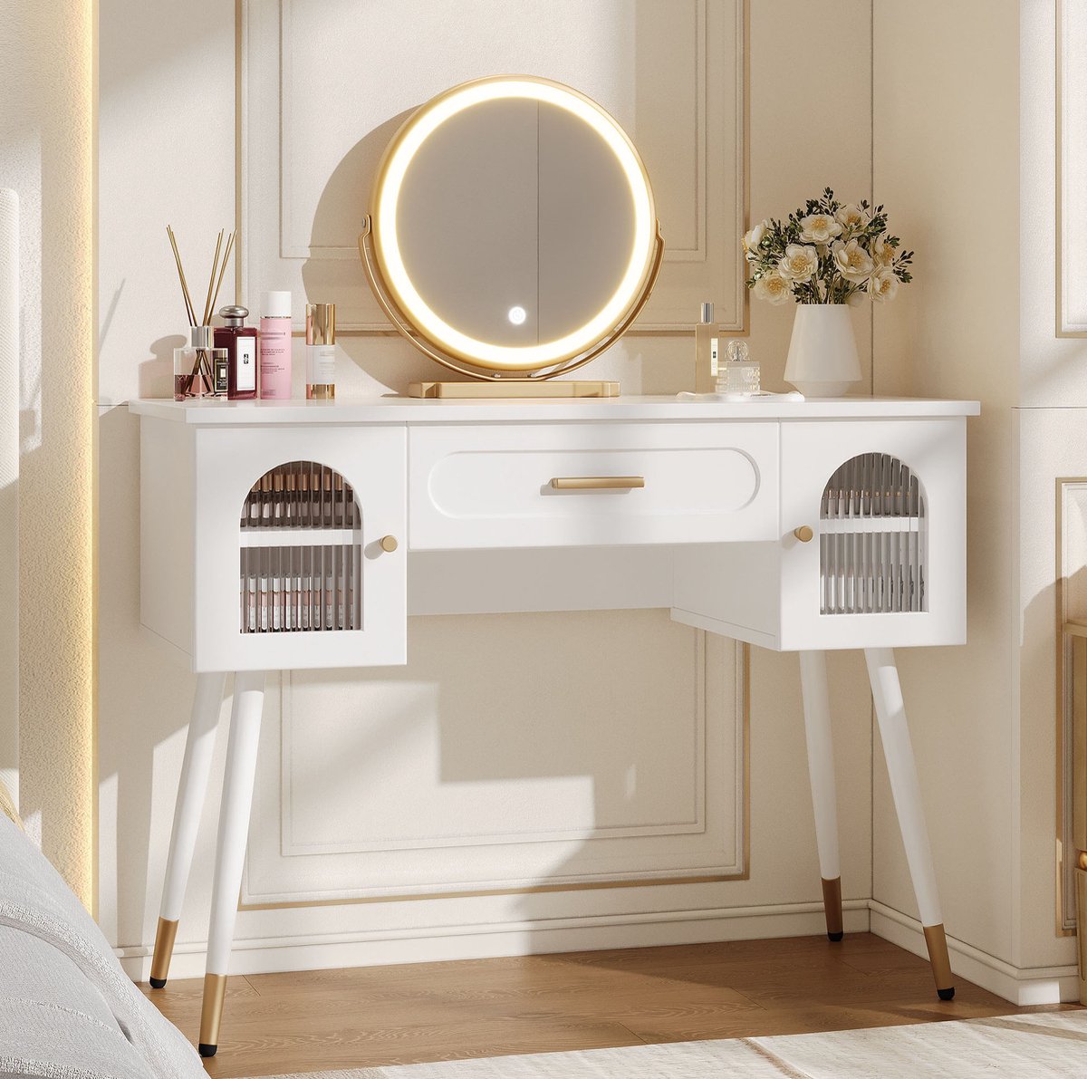 Kaptafel Met Led Spiegel En 1 Lade 2 Deuren Veel Opbergruimte Scandinavische Stijl Voor Slaapkamer En Kapkamer Wit Goud 100x42x112 Cm