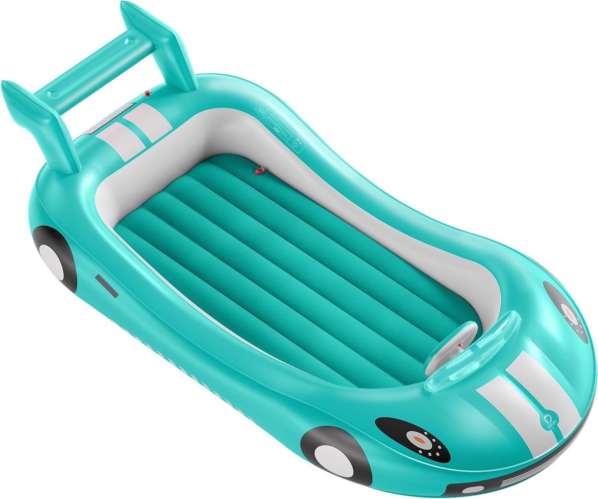 Opblaasbaar kinderbed - Peuter reisbed - Kamperen en reizen - Raceauto ontwerp - 203 x 115 x 57 cm - Cyaan