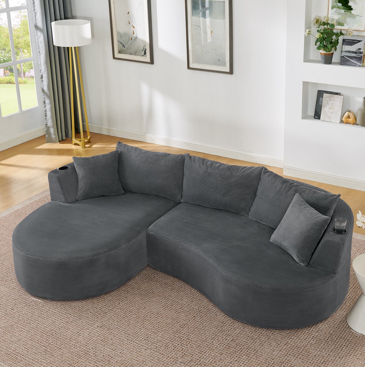 FloraGrace Hoekbank – 3-Zits Met Linker Chaise Longue – Met Bekerhouders En Kussens – Voor Woonkamer, Appartement Of Kantoor – Corduroy – Grijs Gray