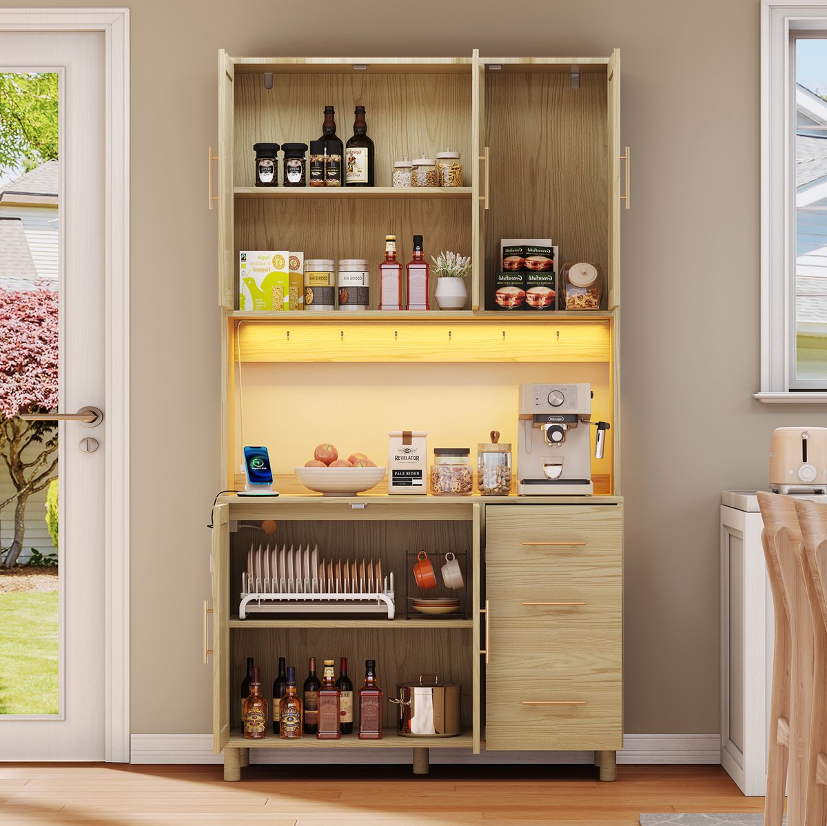 HAUSS SPOLE Buffetkast - Appgestuurde Ledverlichting En Stopcontacten - Met 3 Lades Voor Keuken En Eetkamer - MDF - 100x40x183 Cm - Naturel