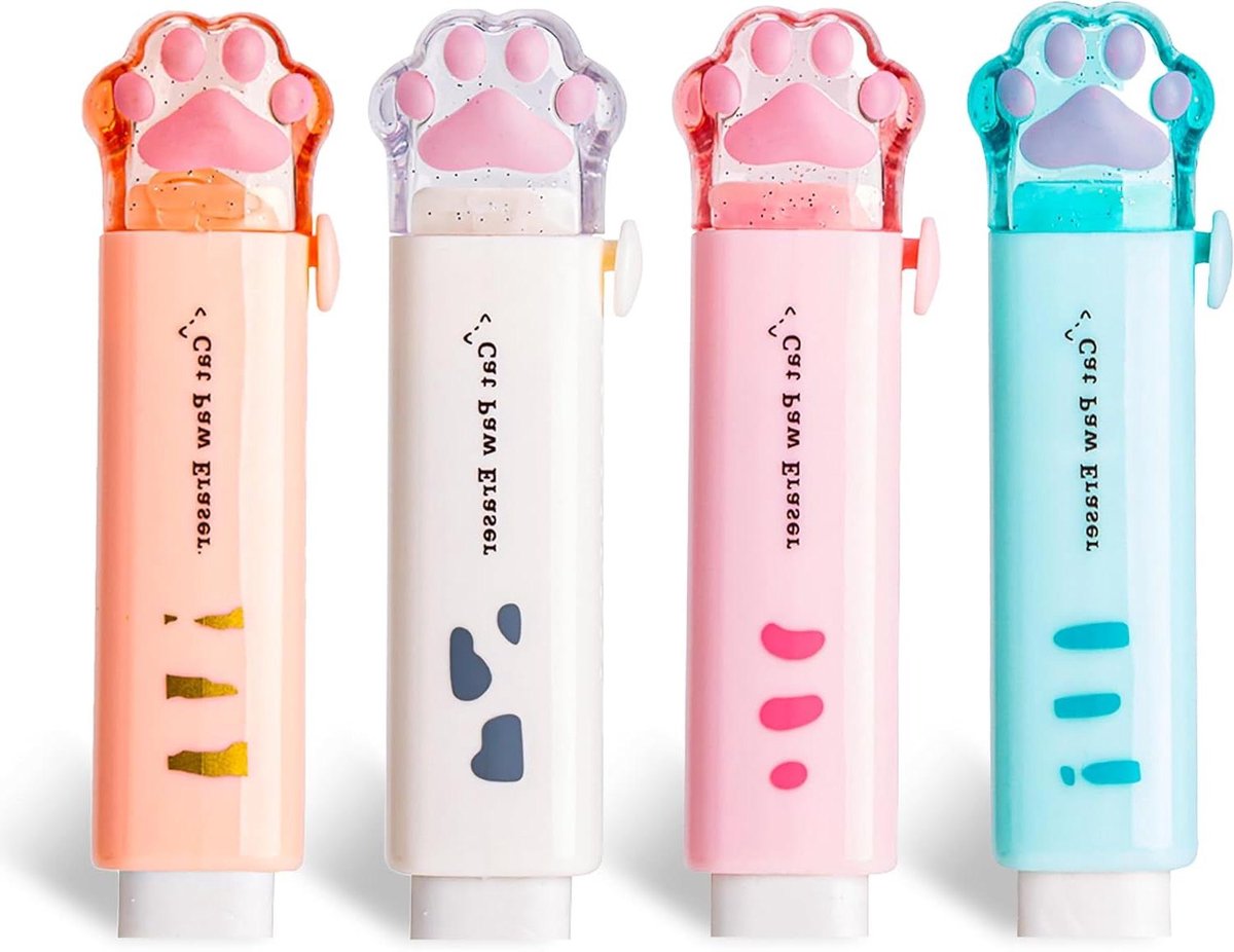 Intrekbare Gummen - Roller Gummen - Fouten Corrigeren - Schattig Kattenpoot Ontwerp - 4 Stuks - Gradiënt