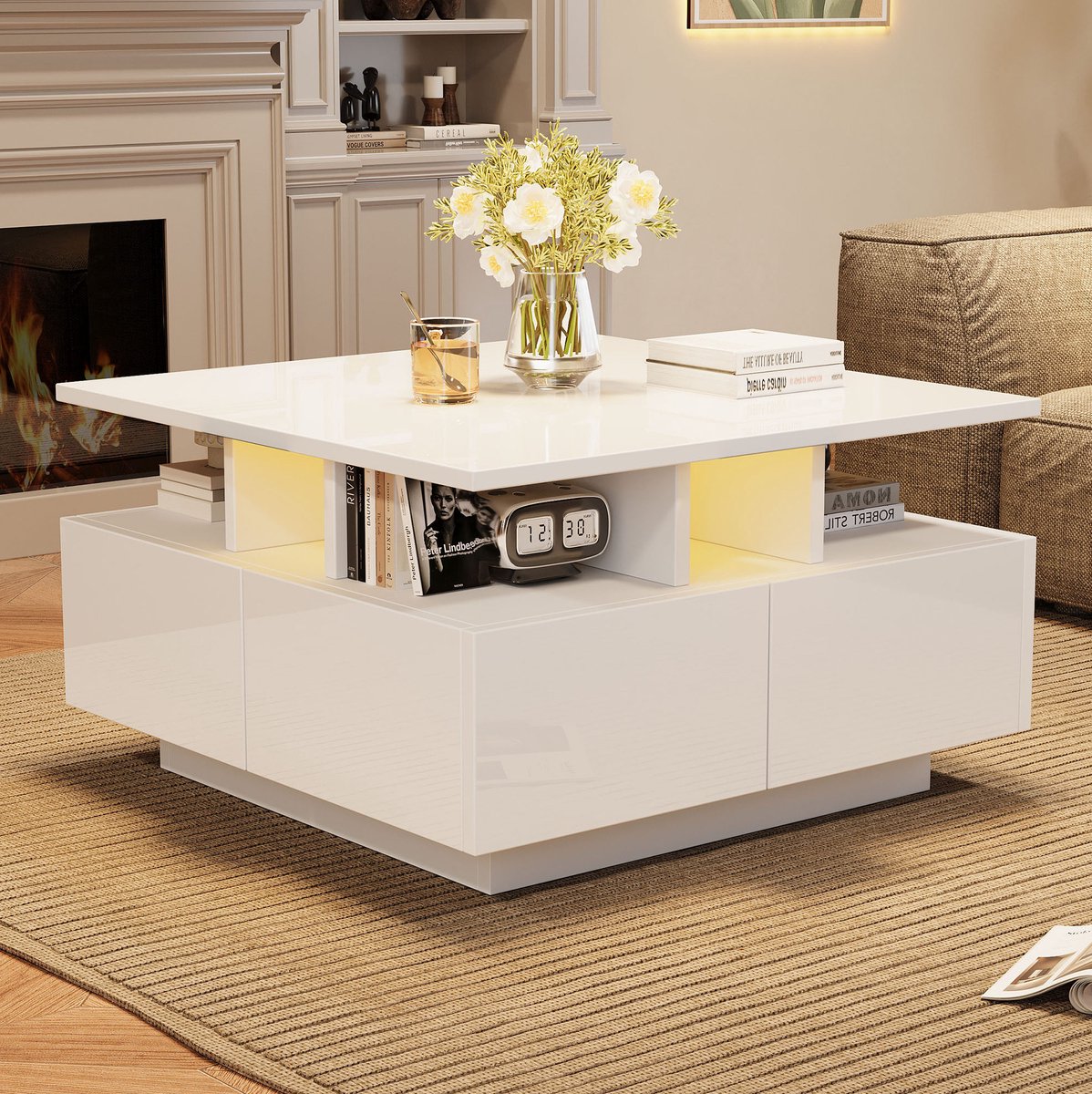 HAUSS SPOLE Salontafel - Hoogglans Met Ledverlichting En 4 Lades - Voor Kleine Woonkamer - Spaanplaat - 70 x 70 x 40 Cm - Wit