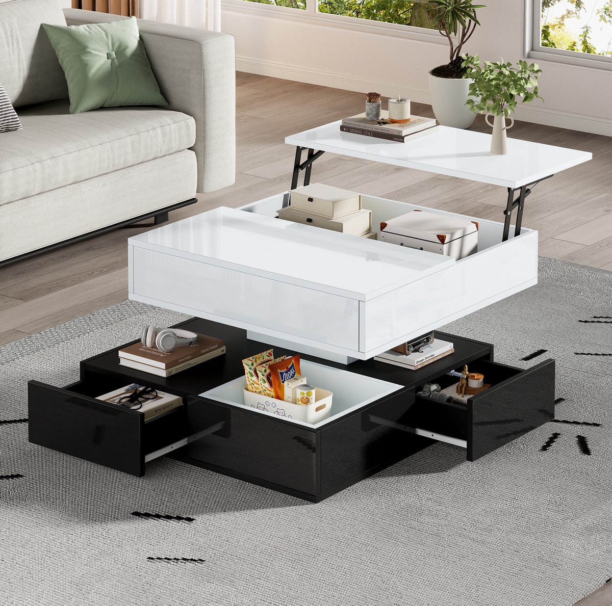 HAUSS SPOLE Salontafel - 360 Graden Draaibaar En Verhoogbaar Met 3 Lades - Voor Woonkamer - Spaanplaat - 70x70x40 Cm - Zwart Wit