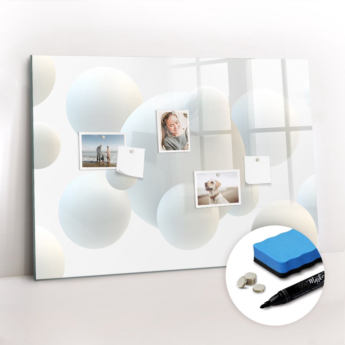 Tulup Whitebord - Abstracte ballen - 100 x 70 cm - Wit Foto Magneetbord - Gratis 5 Sterke Magneten + Whiteboard Marker & Wisser - Scandinavisch Design Bord - Magneetbord Rechthoekig - Notitiebord Werkplek