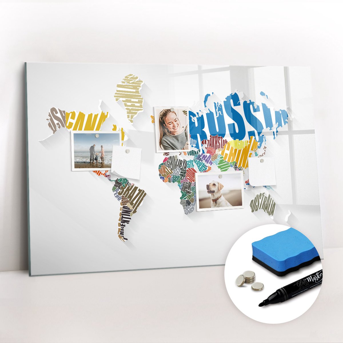 Tulup Whitebord - Letterkaart van de wereld - 90 x 60 cm - Veelkleurig Magneetbord Foto - Gratis 5 Sterke Magneten + Whiteboard Marker & Wisser - Wanddecoratie Kantoor - Memobord Glas - Inspiratiebord Kantoor