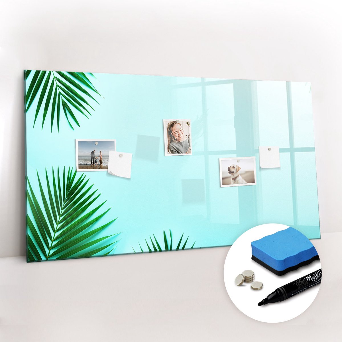 Tulup Whitebord - Palmbladeren - 120 x 60 cm - Groente Memobord Glas - Gratis 5 Sterke Magneten + Whiteboard Marker & Wisser - Moderne Wanddecoratie - Magneetbord Keuken - Notitiebord Werkplek