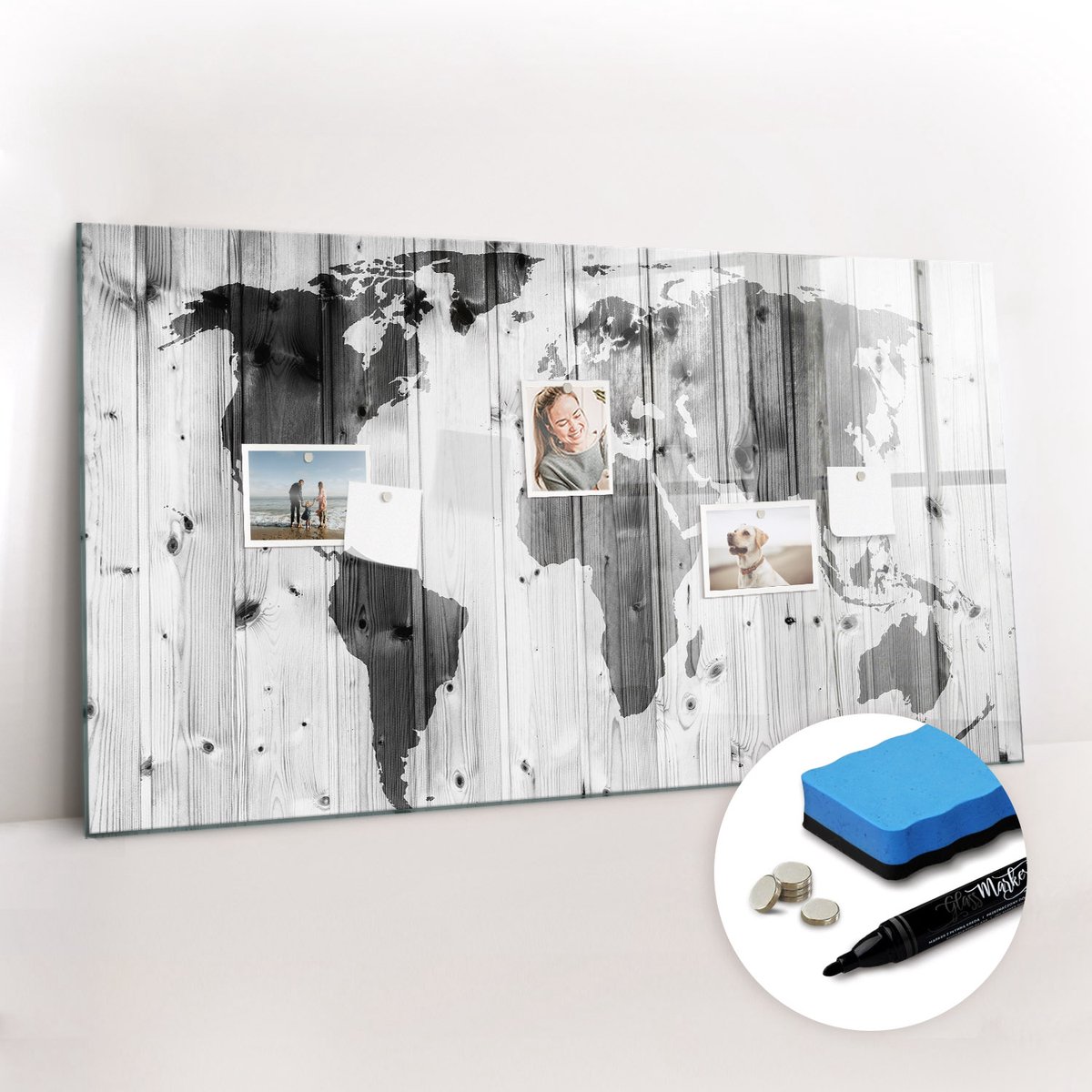 Tulup Whitebord - Wereldkaart op hout - 120 x 60 cm - Zwart-wit Magneetbord Rechthoekig - Gratis 5 Sterke Magneten + Whiteboard Marker & Wisser - Moderne Wanddecoratie - Magnetic Board - Organiseer Je Bureau