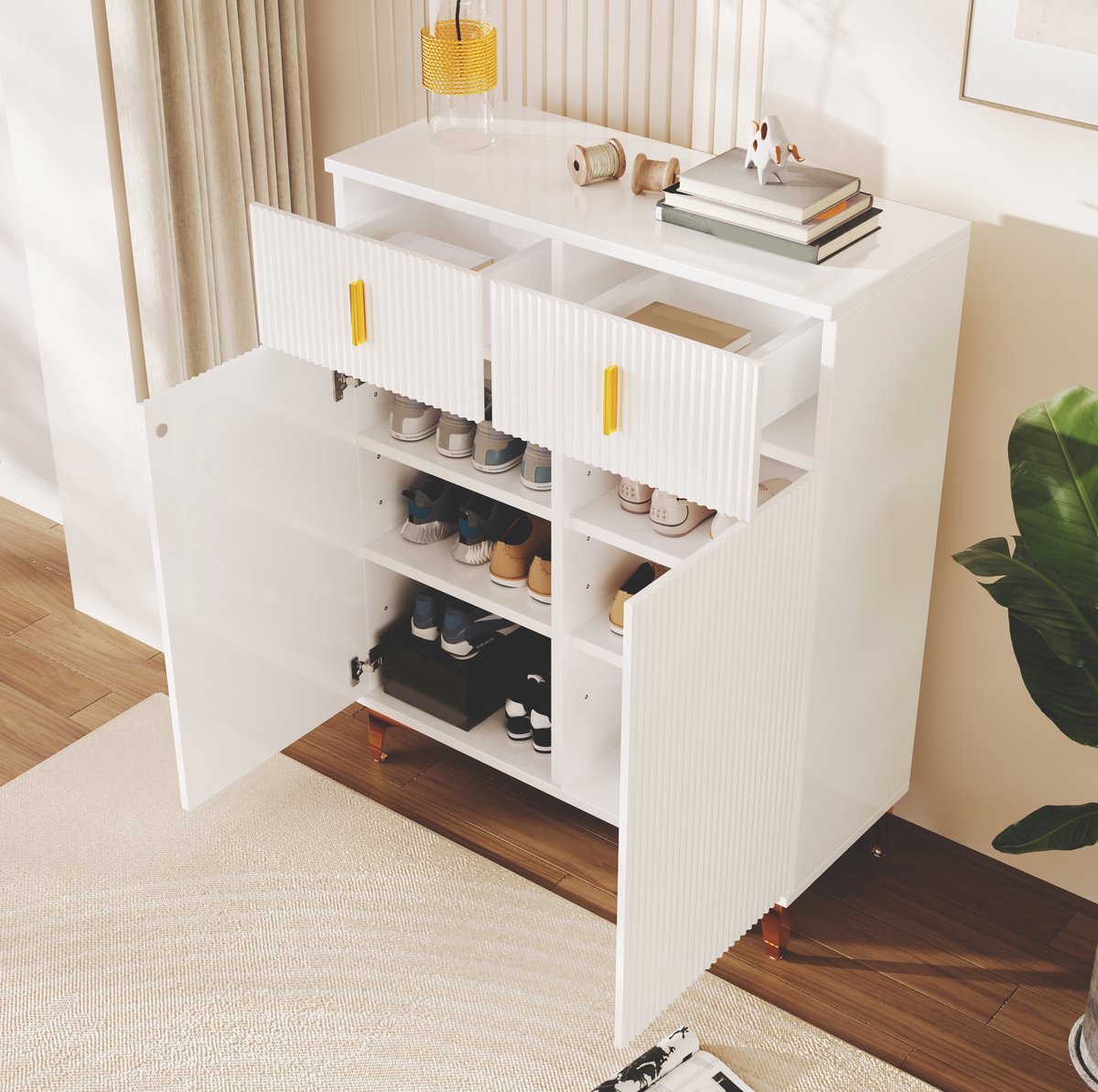 HAUSS SPOLE Schoenenkast - Met 2 Laden En 2 Deuren Met Verstelbare Planken - Voor Hal Woonkamer En Slaapkamer - Spaanplaat - 83x35x101 Cm - Wit