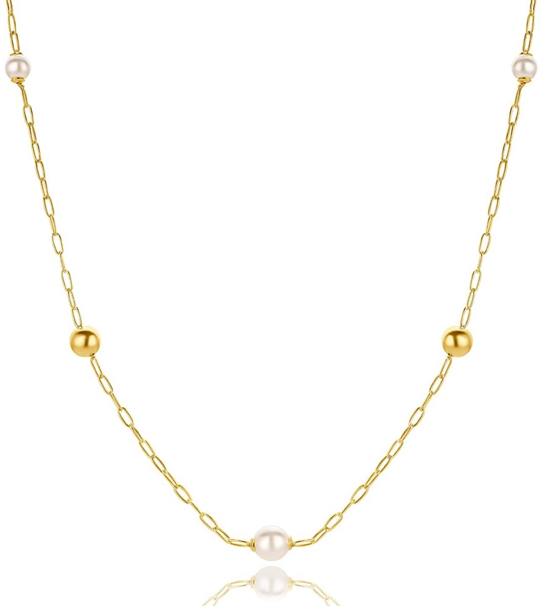 Sieraden handgemaakt in Italië, dames zilver 925, verguld 18K ketting, parelketting, paperclip ketting met parels, schakelketting zilver, zilveren ketting dames