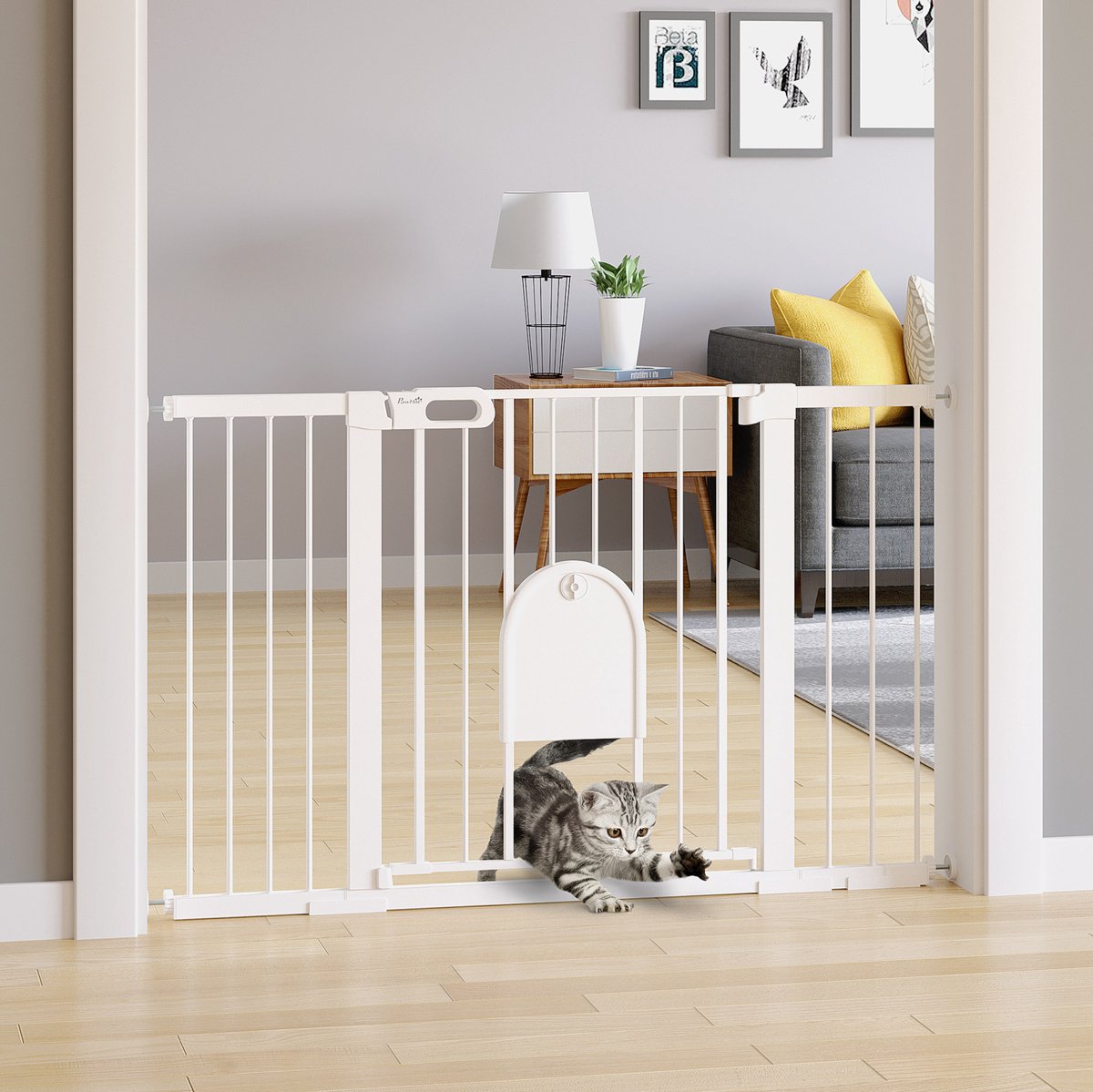 MIVRAY Hondenhek – 75-131 cm Verstelbaar – Metaal en ABS – Wit – Voor Deuropeningen en Trappen – Met Loopdeurtje en Automatische Sluiting
