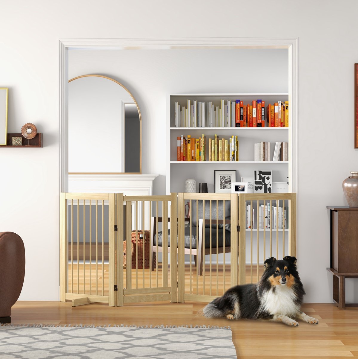 MIVRAY Hondenhek – 4-Delig Vouwbaar Met Deur En Slot – 220 x 91 cm – Massief Grenenhout – Naturel Hout – Vrijstaand Voor Deur En Trap
