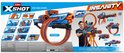 Verpakkingsdoos van X-Shot Insanity Mad Mega Barrel met productfoto's, instructies en een jongen die de blaster vasthoudt.