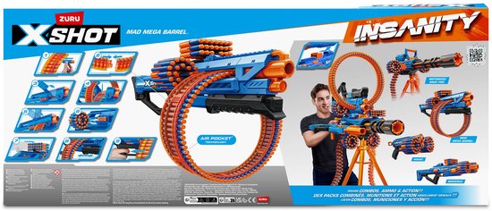 Verpakkingsdoos van X-Shot Insanity Mad Mega Barrel met productfoto's, instructies en een jongen die de blaster vasthoudt.