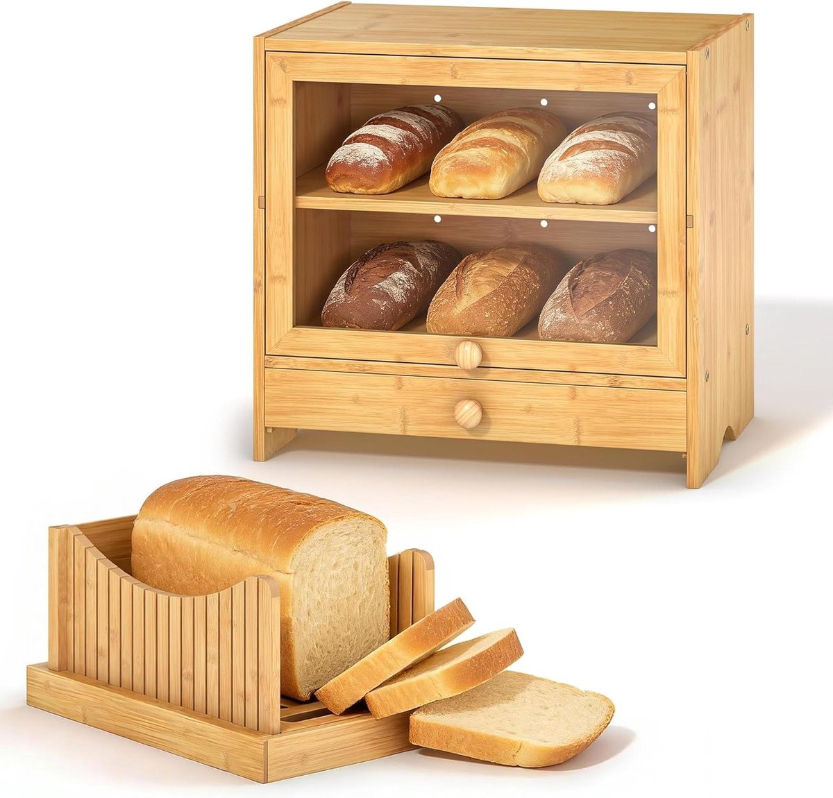 Broodtrommel Bamboe - Brooddoos Keuken - Brood Vers Houden - Dubbele Verdieping - 38.5x25x36 cm - Natuurlijk Bamboe