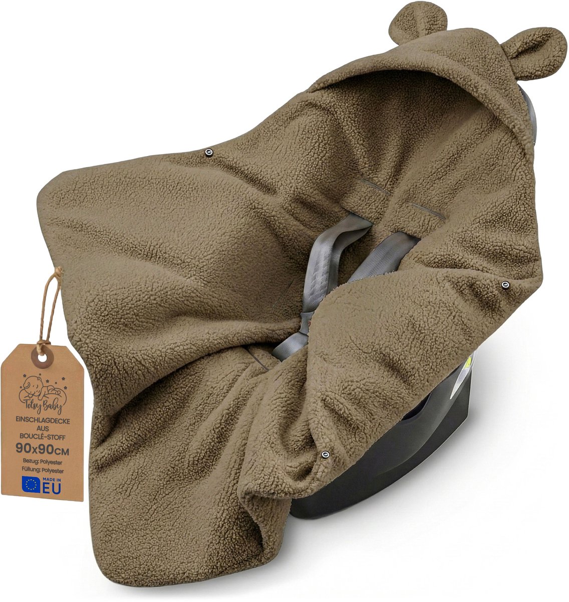 Warme boucle inbakerdeken voor autostoel en kinderwagen – Teddy babydeken dubbelzijdig met capuchon – premium voor de winter pasgeborene 90×90 cm Donkerbeige