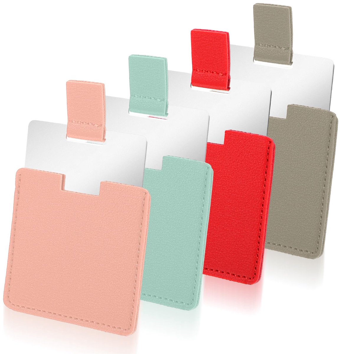 Spiegels, roestvrijstalen mini-spiegels met PU-beschermhoes, 6,5 x 7 cm, make-upspiegel voor onderweg, handtas en make-up (ultradun, 4 kleuren)
