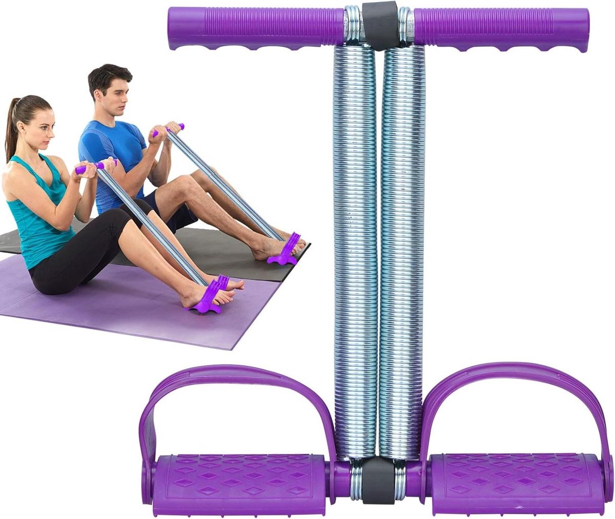 Sit Up Pull Rope - Buikspier Trainer - Fitness Thuis - Dubbele Veer Spanning - Compact Ontwerp - Paars